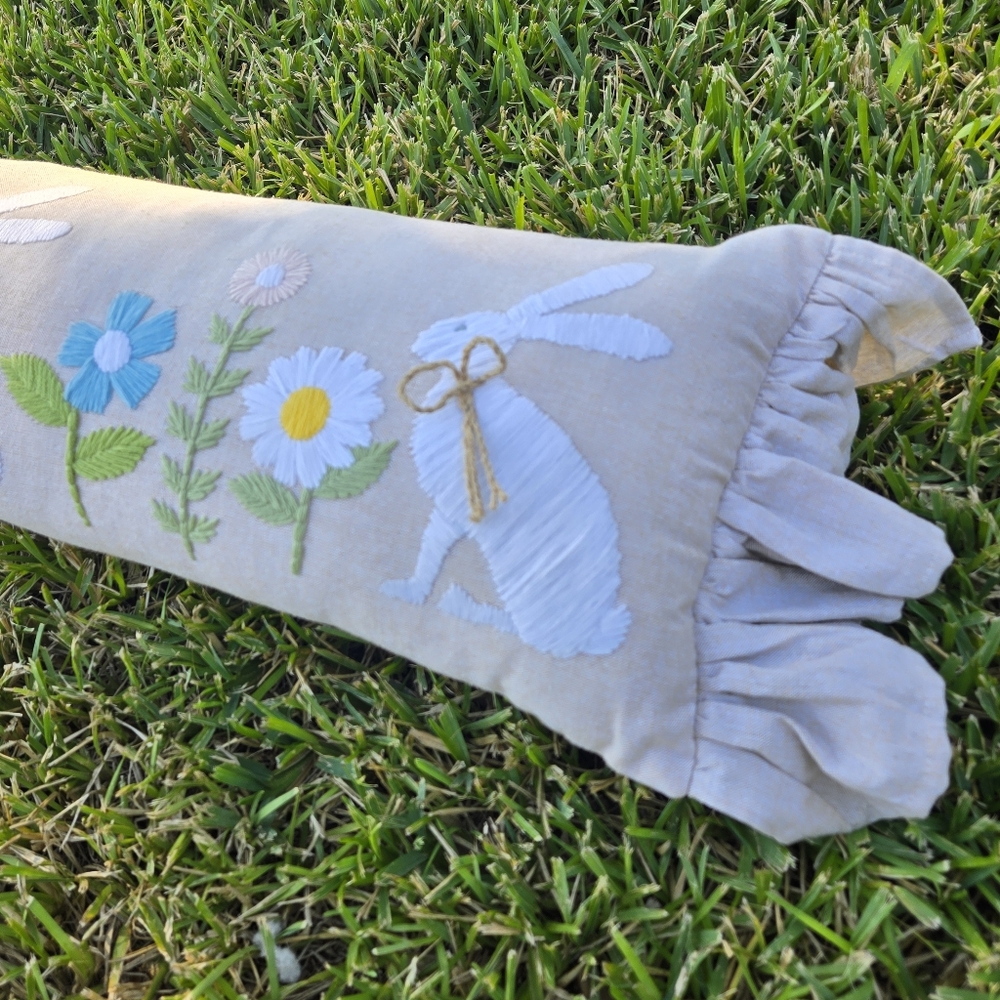 Embroidered Easter Bunny Pillow long lumbar style pillow Spring Accent Pillow - Picture 5 of 10